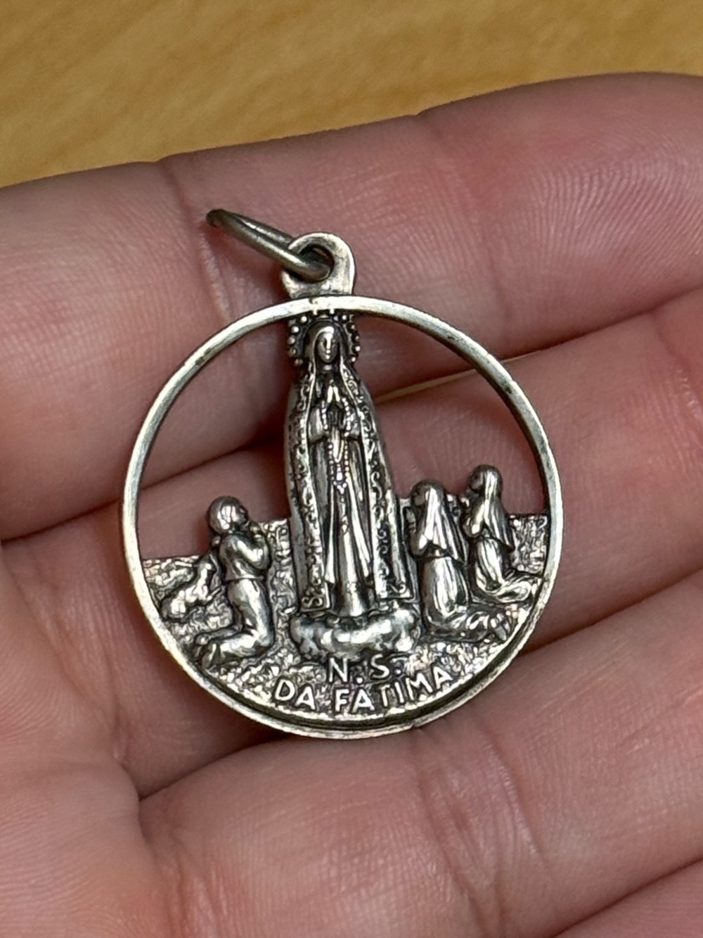 Our Lady of Fatima Circle Catholic Religious Vintage Metal Necklace Pendant